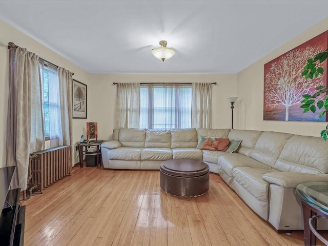living room with hardwood / wood-style floors and radiator