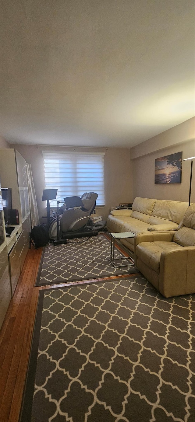 living area with plenty of natural light and dark wood-type flooring