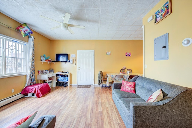 living room featuring baseboards, electric panel, a ceiling fan, and wood finished floors