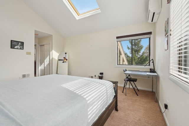carpeted bedroom with visible vents, baseboards, lofted ceiling with skylight, and a wall unit AC