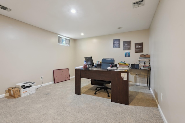 carpeted office featuring baseboards, recessed lighting, and visible vents
