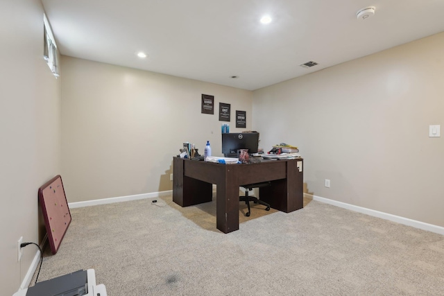 carpeted office with recessed lighting, baseboards, and visible vents