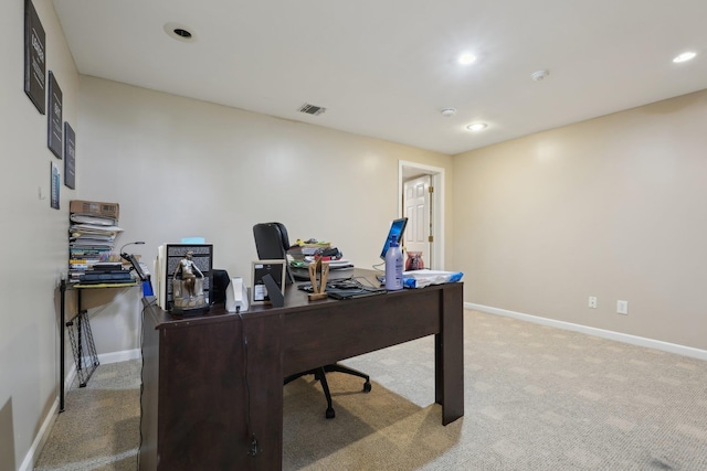 home office with visible vents, recessed lighting, baseboards, and carpet floors