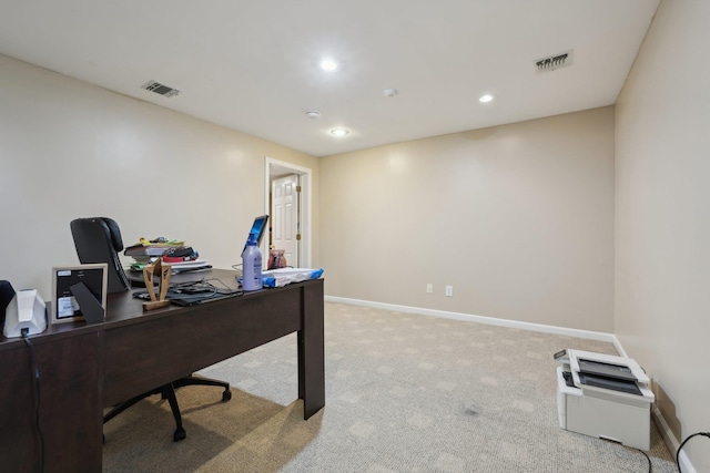 office space featuring recessed lighting, baseboards, visible vents, and carpet