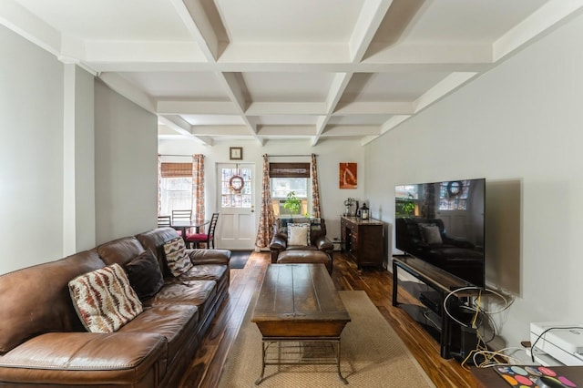 living area featuring beamed ceiling, coffered ceiling, and dark wood finished floors