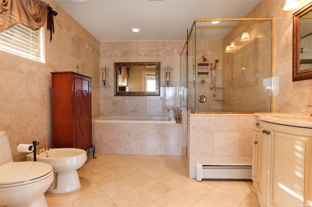 full bath with tile walls, a shower stall, tile patterned flooring, and a baseboard radiator