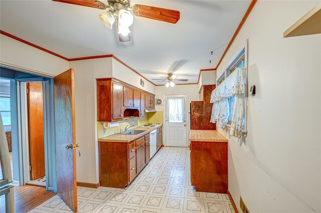 48 Crocus Ln, Commack, NY 11725 - kitchen with a ceiling fan, white dishwasher, light countertops, ornamental molding, and a sink