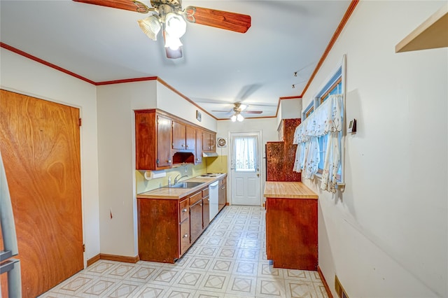 48 Crocus Ln, Commack, NY 11725 - kitchen featuring ceiling fan, light countertops, white dishwasher, baseboards, and ornamental molding
