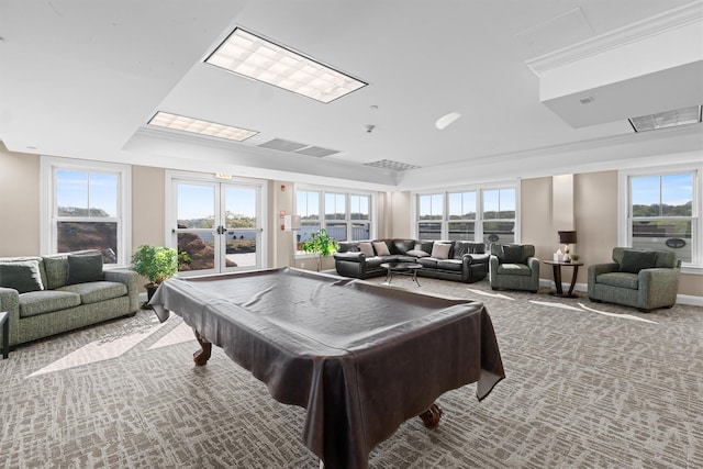 rec room featuring carpet, pool table, and a tray ceiling
