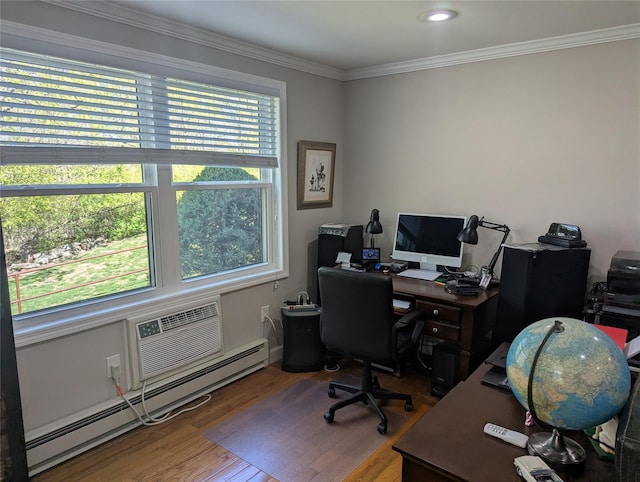office area featuring crown molding, baseboard heating, a wall mounted air conditioner, and wood finished floors