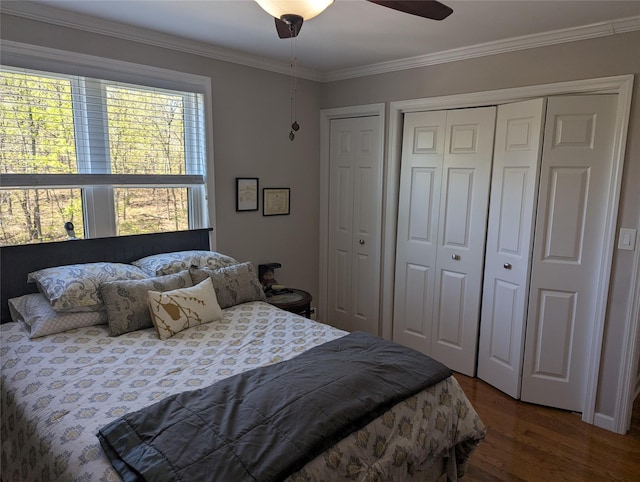 bedroom featuring ornamental molding, dark wood finished floors, and a ceiling fan