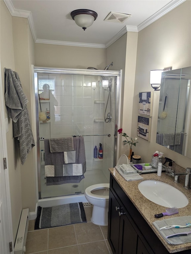bathroom featuring visible vents, tile patterned flooring, a baseboard heating unit, ornamental molding, and a stall shower