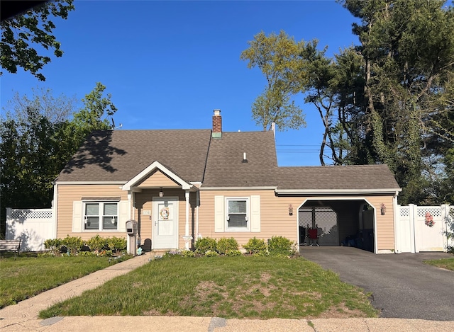 view of front of property featuring fence, a chimney, a shingled roof, and a front lawn