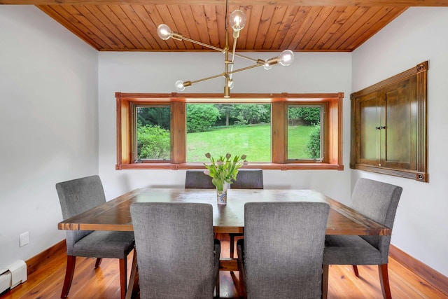 38A Claremont Rd, Scarsdale, NY 10583 - dining area with a baseboard heating unit, healthy amount of natural light, wood finished floors, a chandelier, and wood ceiling