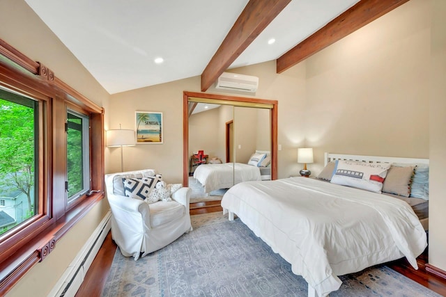 38A Claremont Rd, Scarsdale, NY 10583 - bedroom featuring an AC wall unit, baseboard heating, wood finished floors, recessed lighting, and a closet