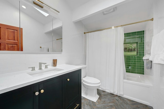 38A Claremont Rd, Scarsdale, NY 10583 - bathroom featuring toilet, vanity, a skylight, shower / bath combo, and backsplash