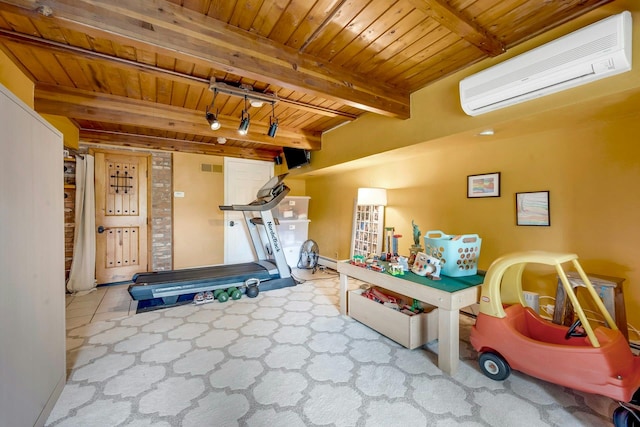 38A Claremont Rd, Scarsdale, NY 10583 - exercise room with wood ceiling and a wall unit AC