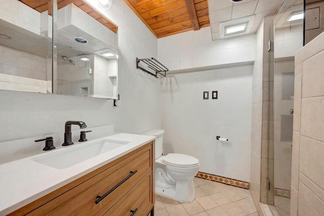 38A Claremont Rd, Scarsdale, NY 10583 - full bath with a shower stall, tile patterned flooring, toilet, vanity, and wooden ceiling