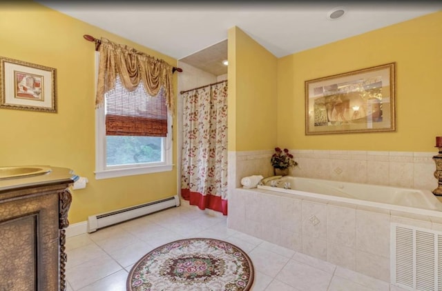 bathroom with a bath, visible vents, tile patterned flooring, vanity, and a baseboard radiator