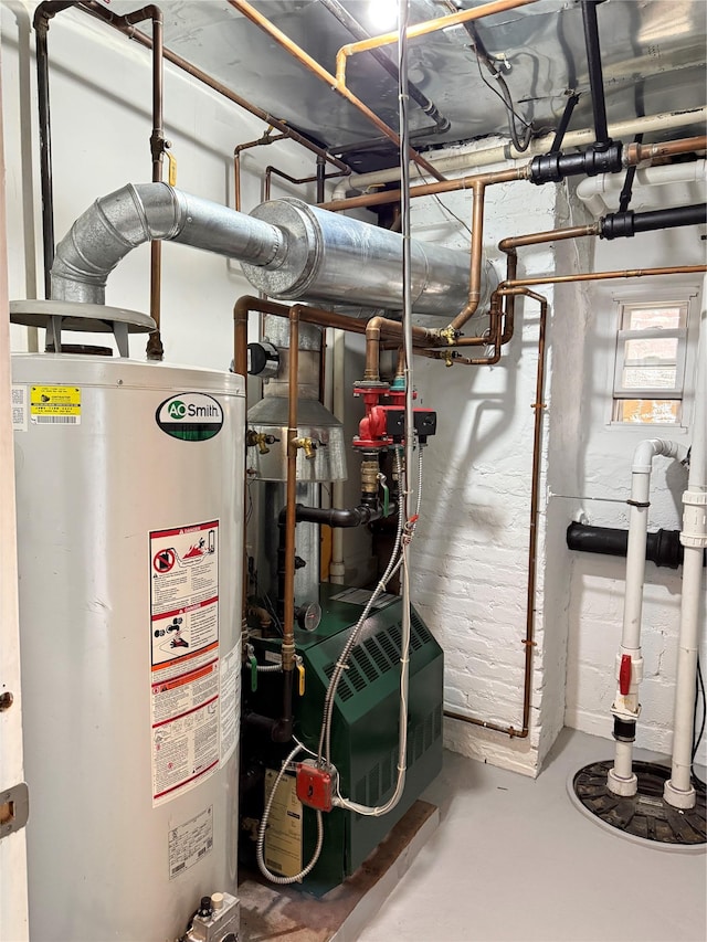 utility room featuring gas water heater and a heating unit