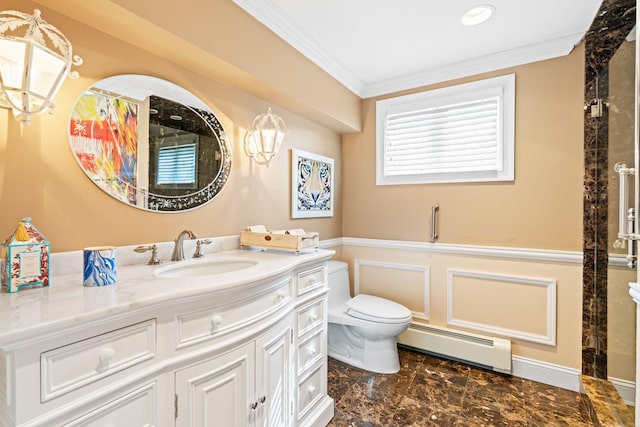 bathroom with baseboard heating, ornamental molding, toilet, vanity, and marble finish flooring