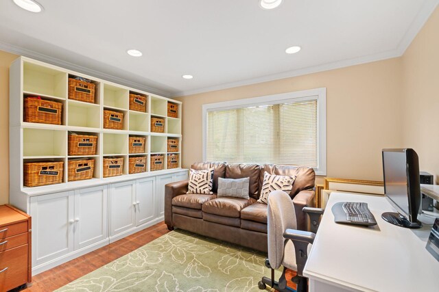 home office with ornamental molding, light wood finished floors, and recessed lighting