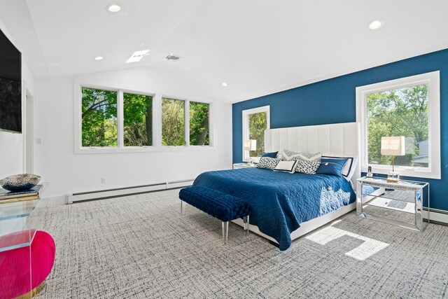 bedroom with baseboard heating, lofted ceiling, and recessed lighting