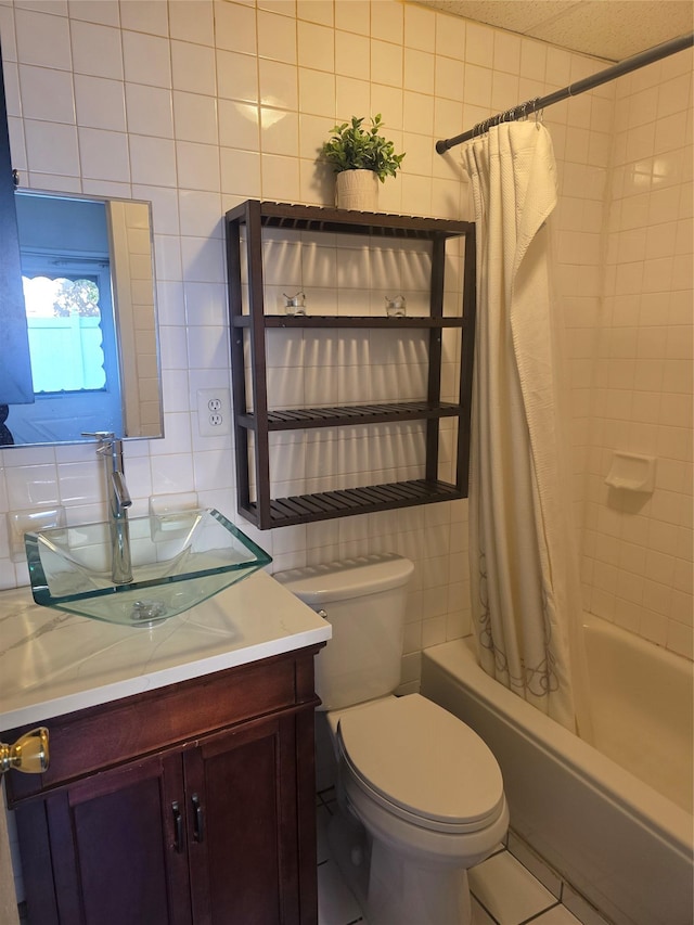 21 Krause St, Bay Shore, NY 11706 - full bath with tile walls, shower / bath combination with curtain, toilet, vanity, and decorative backsplash