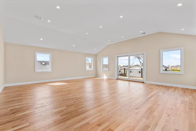 56 Oregon St, Long Beach, NY 11561 - unfurnished living room with visible vents, baseboards, recessed lighting, light wood finished floors, and vaulted ceiling