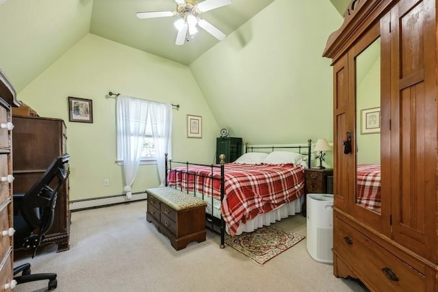 bedroom featuring light colored carpet, a ceiling fan, lofted ceiling, and baseboard heating