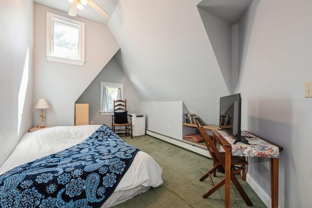 carpeted bedroom featuring baseboards, a baseboard heating unit, multiple windows, and lofted ceiling