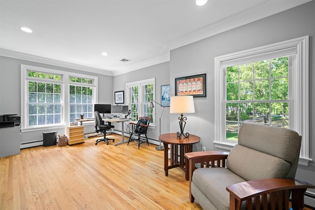 30 Warwick Lake Pkwy, Warwick, NY 10990 - home office with crown molding, light wood finished floors, a baseboard radiator, and recessed lighting