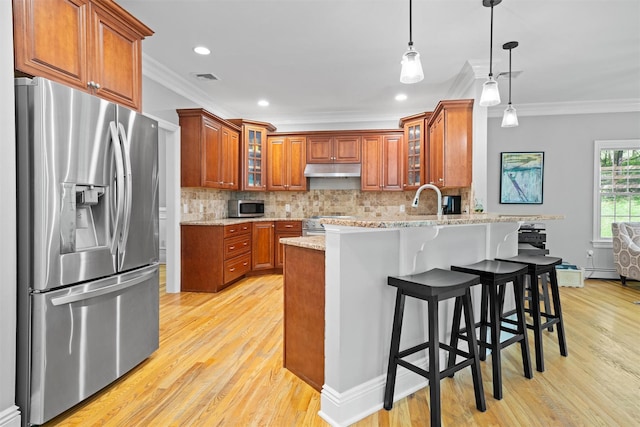 30 Warwick Lake Pkwy, Warwick, NY 10990 - kitchen featuring stainless steel appliances, ornamental molding, under cabinet range hood, a peninsula, and light wood-style flooring