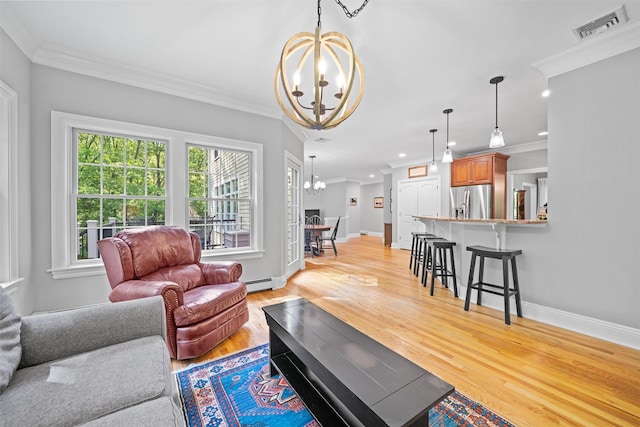 30 Warwick Lake Pkwy, Warwick, NY 10990 - living area featuring a chandelier, a baseboard radiator, crown molding, baseboards, and light wood-type flooring