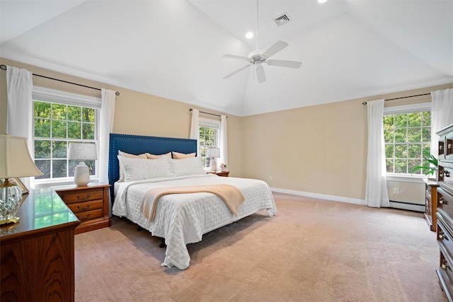 30 Warwick Lake Pkwy, Warwick, NY 10990 - carpeted bedroom featuring a baseboard heating unit, baseboards, ceiling fan, high vaulted ceiling, and recessed lighting