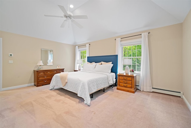 30 Warwick Lake Pkwy, Warwick, NY 10990 - bedroom featuring lofted ceiling, a baseboard heating unit, light colored carpet, and multiple windows