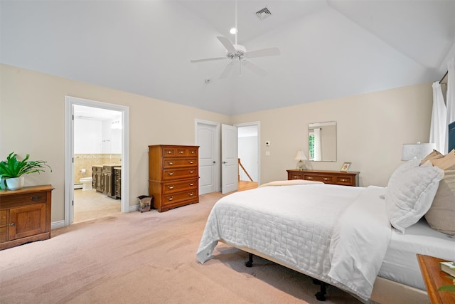 30 Warwick Lake Pkwy, Warwick, NY 10990 - bedroom featuring lofted ceiling, light carpet, ensuite bath, ceiling fan, and baseboards