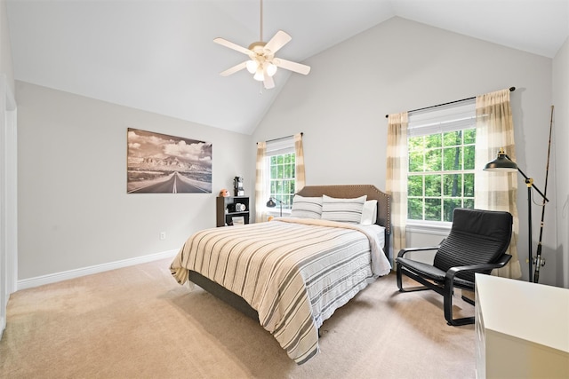 30 Warwick Lake Pkwy, Warwick, NY 10990 - bedroom featuring light carpet, a ceiling fan, high vaulted ceiling, and baseboards
