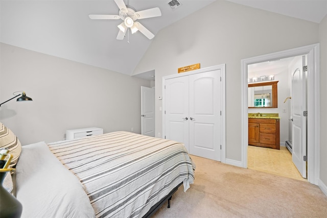 30 Warwick Lake Pkwy, Warwick, NY 10990 - bedroom featuring light colored carpet, a closet, a baseboard heating unit, baseboards, and a ceiling fan