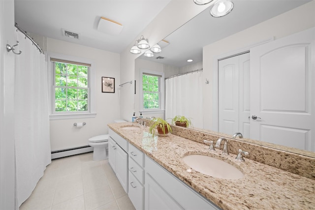 30 Warwick Lake Pkwy, Warwick, NY 10990 - bathroom featuring a baseboard heating unit, toilet, tile patterned floors, and double vanity