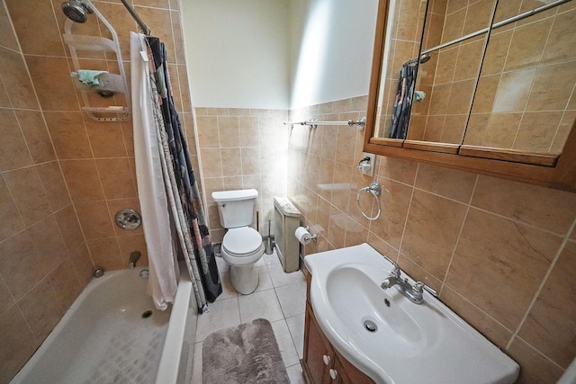 bathroom with tile walls, tile patterned floors, toilet, radiator heating unit, and shower / bathtub combination with curtain