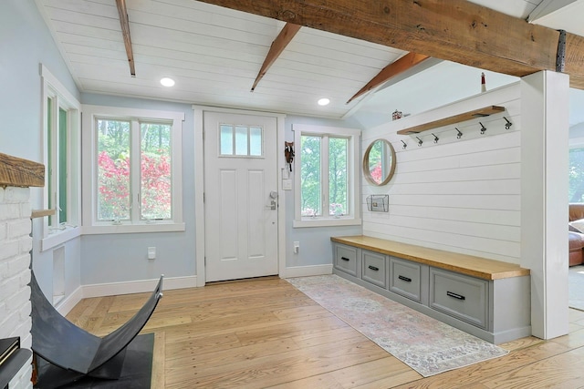 mudroom with light wood-type flooring, wooden ceiling, baseboards, and recessed lighting
