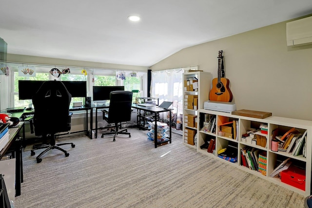 office area with lofted ceiling, a wall mounted air conditioner, carpet flooring, and recessed lighting