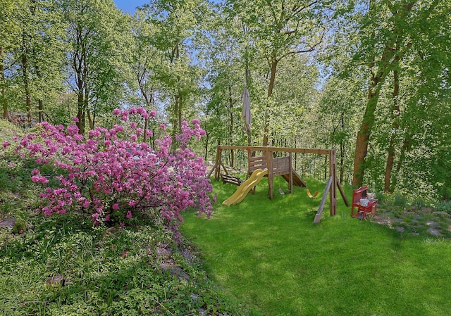 view of jungle gym featuring a lawn