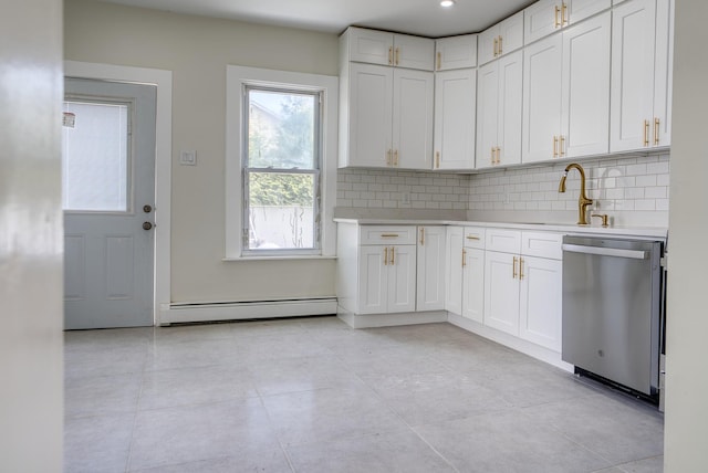 71 Lenox Ave, Congers, NY 10920 - kitchen with dishwasher, a baseboard radiator, light countertops, backsplash, and white cabinets