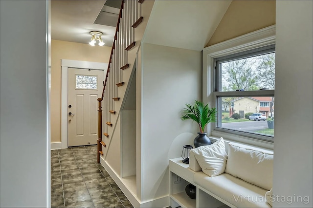71 Lenox Ave, Congers, NY 10920 - entryway featuring stairs, baseboards, and lofted ceiling
