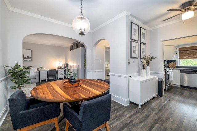 261 Central Ave Unit E4, Lawrence, NY 11559 - dining space with crown molding, dark wood-style flooring, ceiling fan, and arched walkways