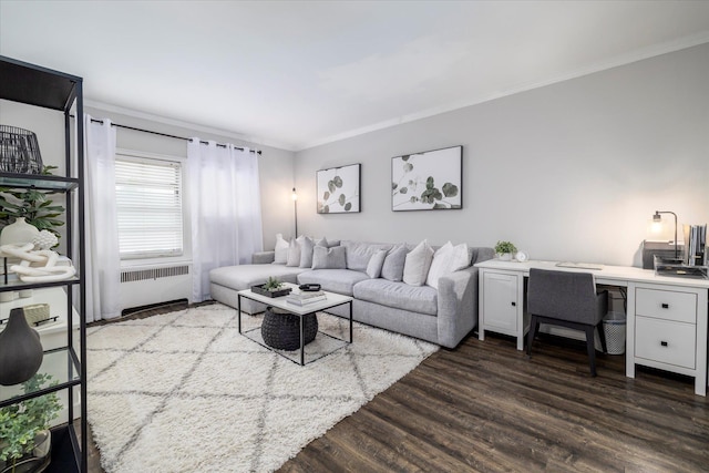 261 Central Ave Unit E4, Lawrence, NY 11559 - living room with ornamental molding, dark wood finished floors, and radiator heating unit