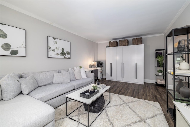 261 Central Ave Unit E4, Lawrence, NY 11559 - living room featuring crown molding, baseboards, and dark wood-style flooring