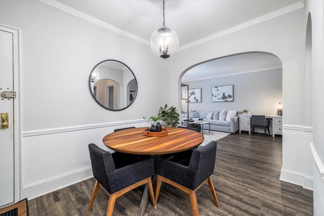 261 Central Ave Unit E4, Lawrence, NY 11559 - dining room with arched walkways, ornamental molding, baseboards, and dark wood-type flooring